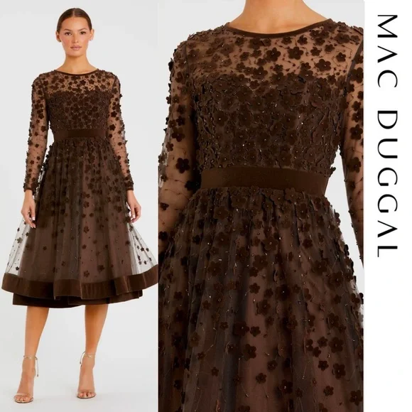Mac Duggal | Dresses | Mac Duggal Brown Embellished Illusion High Neck Long  Sleeve Fit Flare Dress | Poshmark